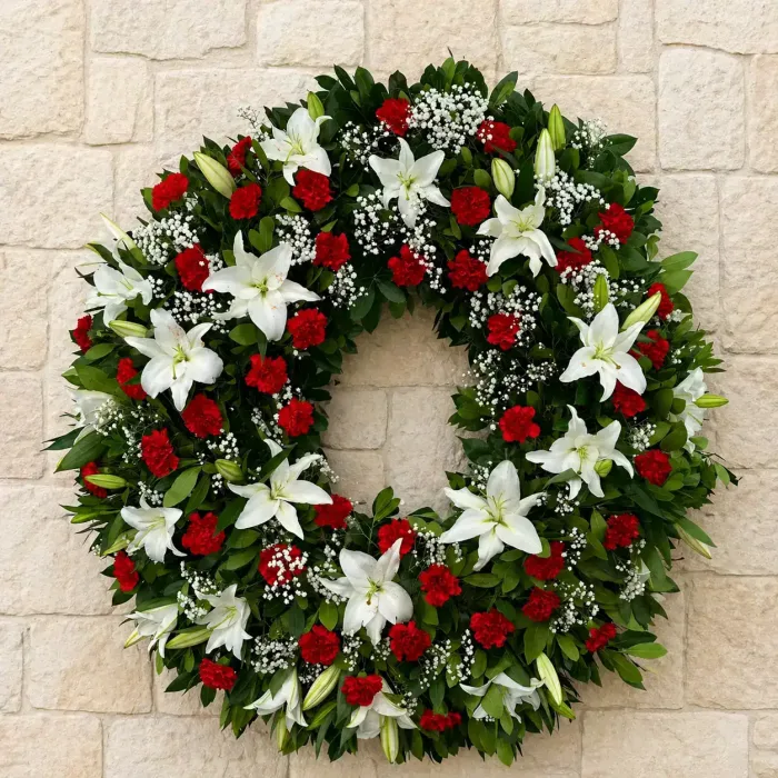 corona_claveles_lilium_roja_blanca